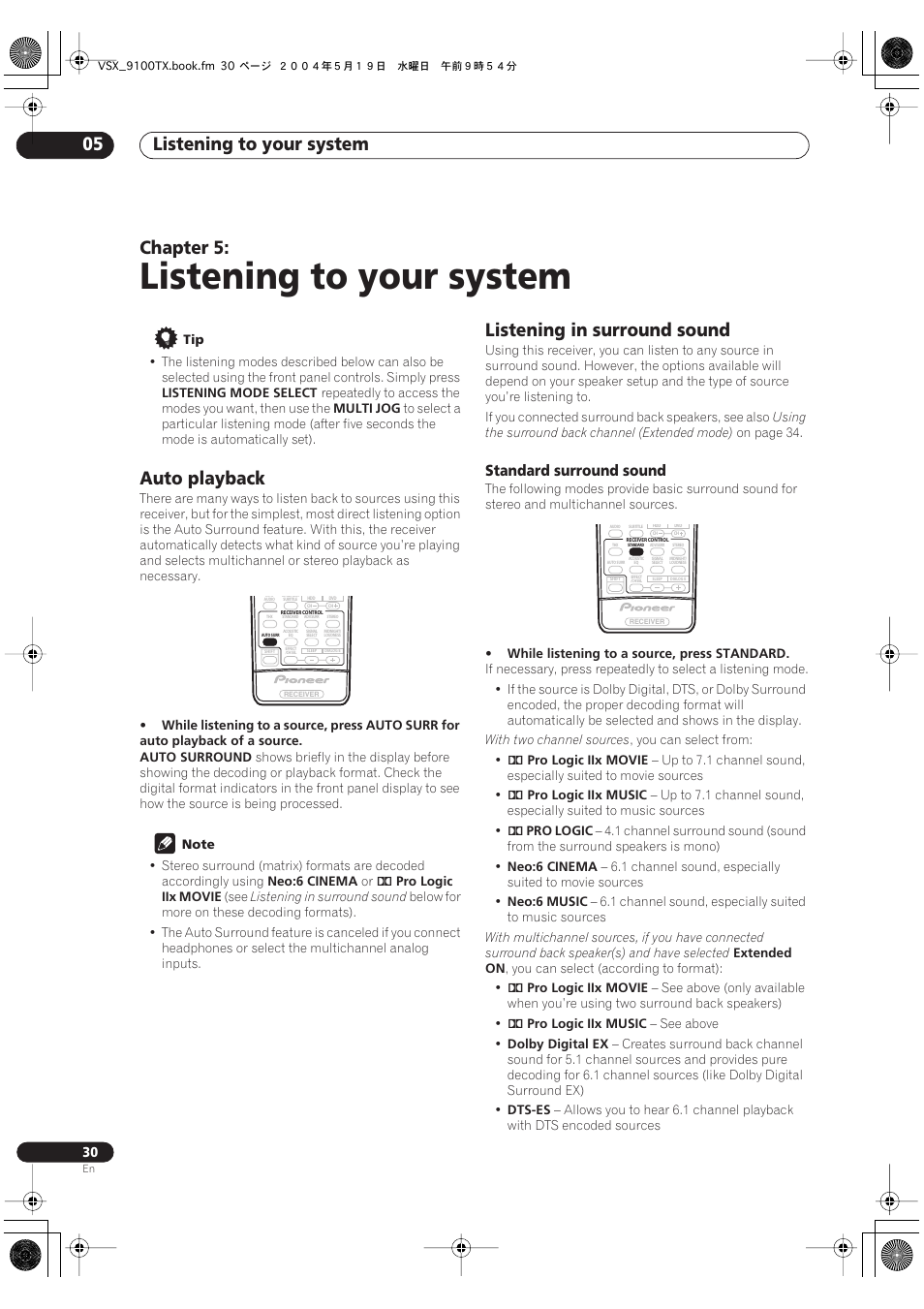 05 listening to your system, Auto playback listening in surround sound, Standard surround sound | Listening to your system, Listening to your system 05, Chapter 5, Auto playback, Listening in surround sound | Pioneer VSX-9100TX User Manual | Page 30 / 79