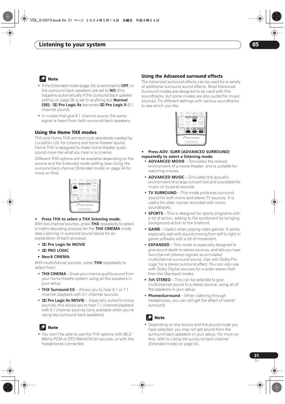 Listening to your system 05, Using the home thx modes, Using the advanced surround effects | Pioneer VSX-9100TX User Manual | Page 31 / 79
