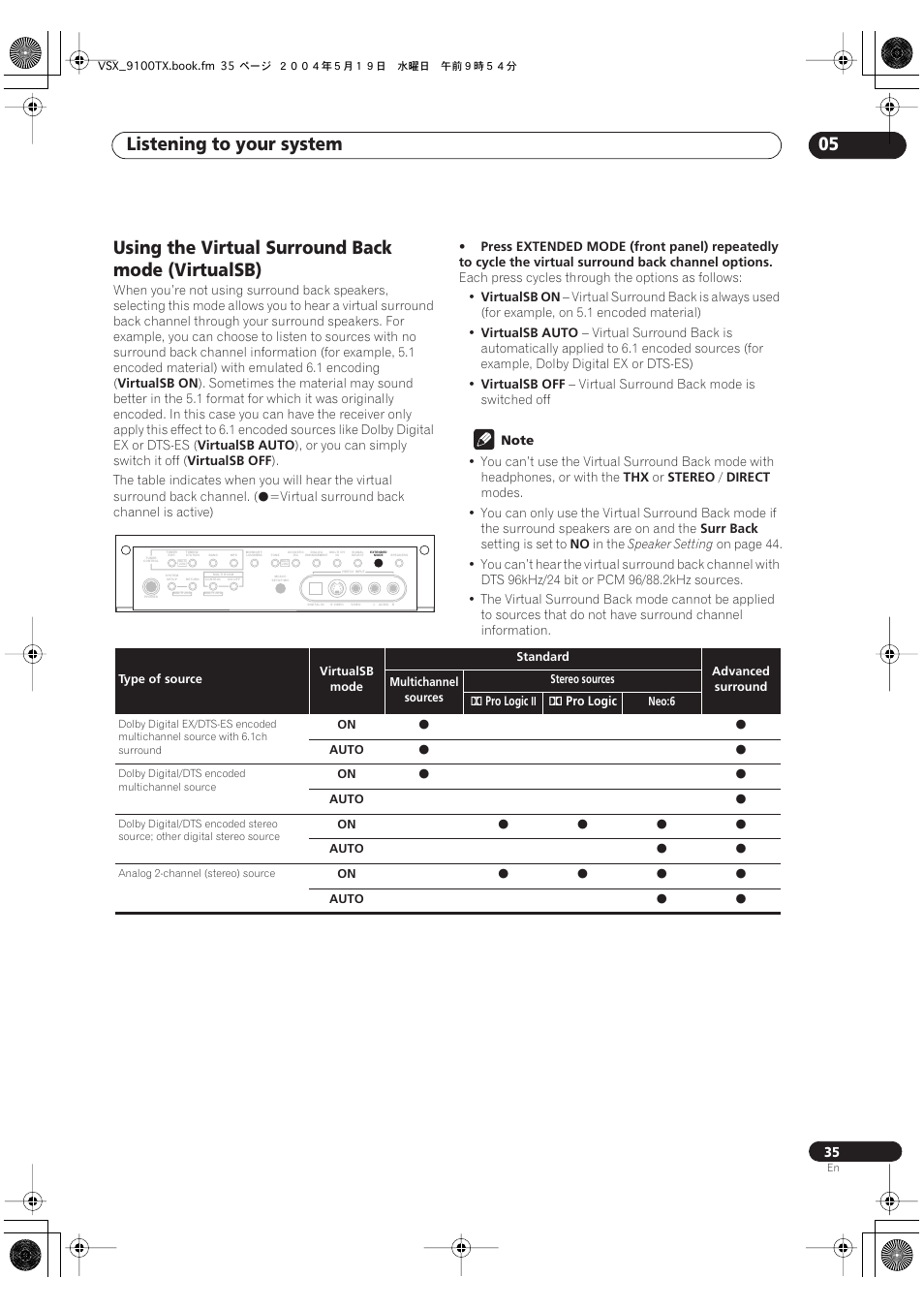 Using the virtual surround back mode (virtualsb), Listening to your system 05 | Pioneer VSX-9100TX User Manual | Page 35 / 79