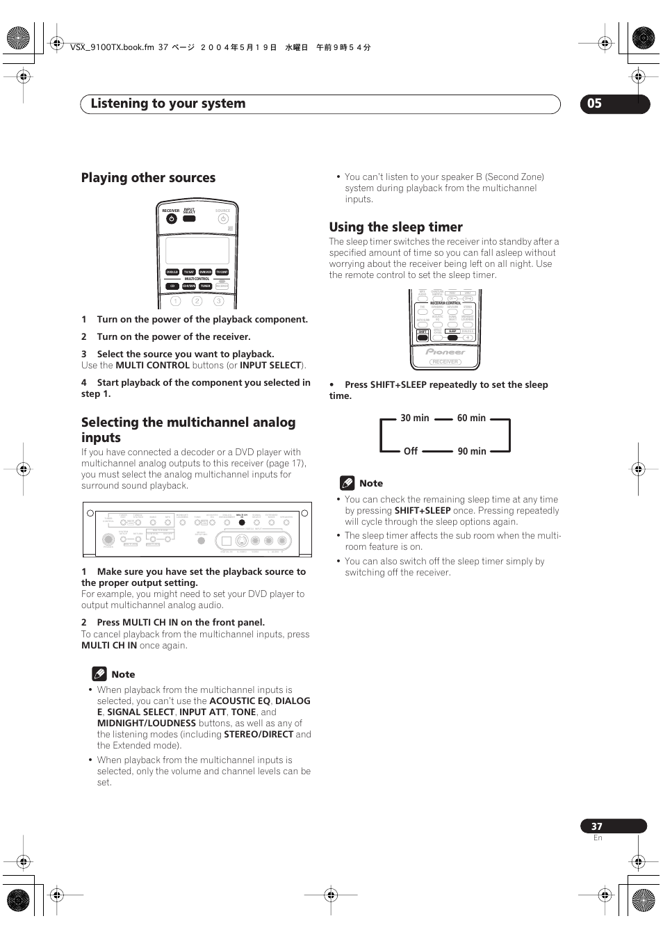 Listening to your system 05, Playing other sources, Selecting the multichannel analog inputs | Using the sleep timer, Use the, Multi control, Buttons (or, Input select, 2press multi ch in on the front panel, Multi ch in | Pioneer VSX-9100TX User Manual | Page 37 / 79