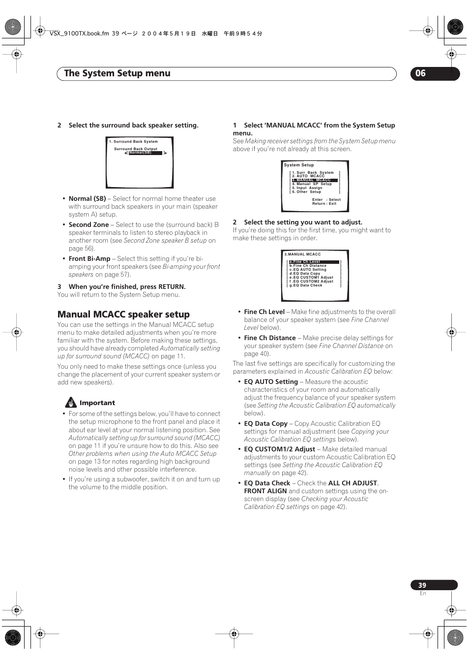 Manual mcacc speaker setup, The system setup menu 06 | Pioneer VSX-9100TX User Manual | Page 39 / 79