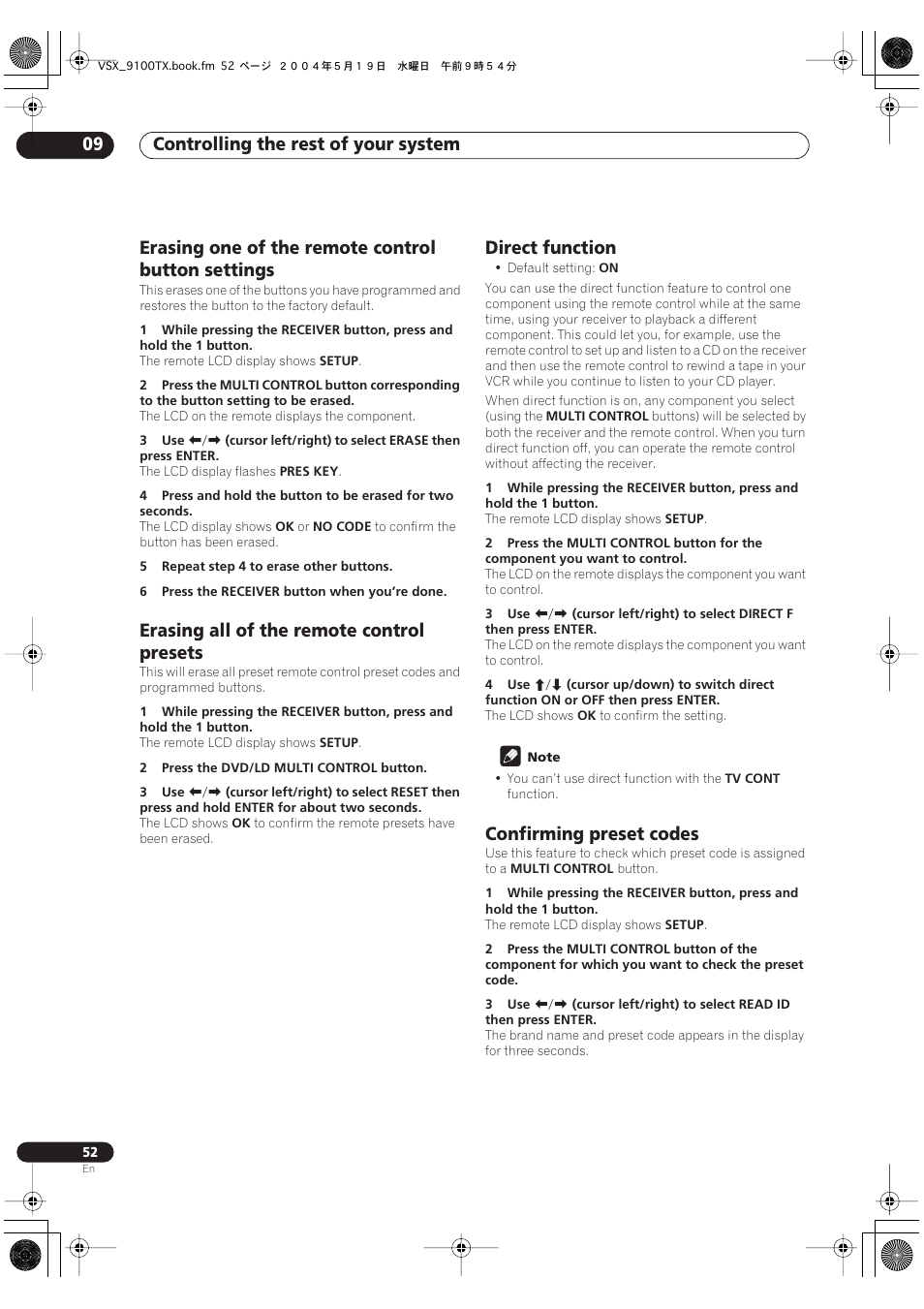 Controlling the rest of your system 09, Erasing one of the remote control button settings, Erasing all of the remote control presets | Direct function, Confirming preset codes | Pioneer VSX-9100TX User Manual | Page 52 / 79