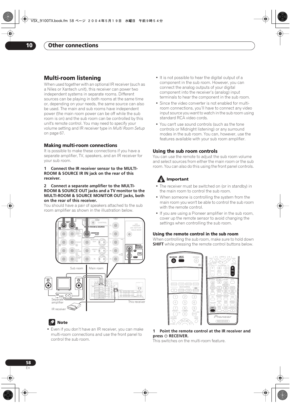 Multi-room listening, Other connections 10, Making multi-room connections | Using the sub room controls, Using the remote control in the sub room | Pioneer VSX-9100TX User Manual | Page 58 / 79