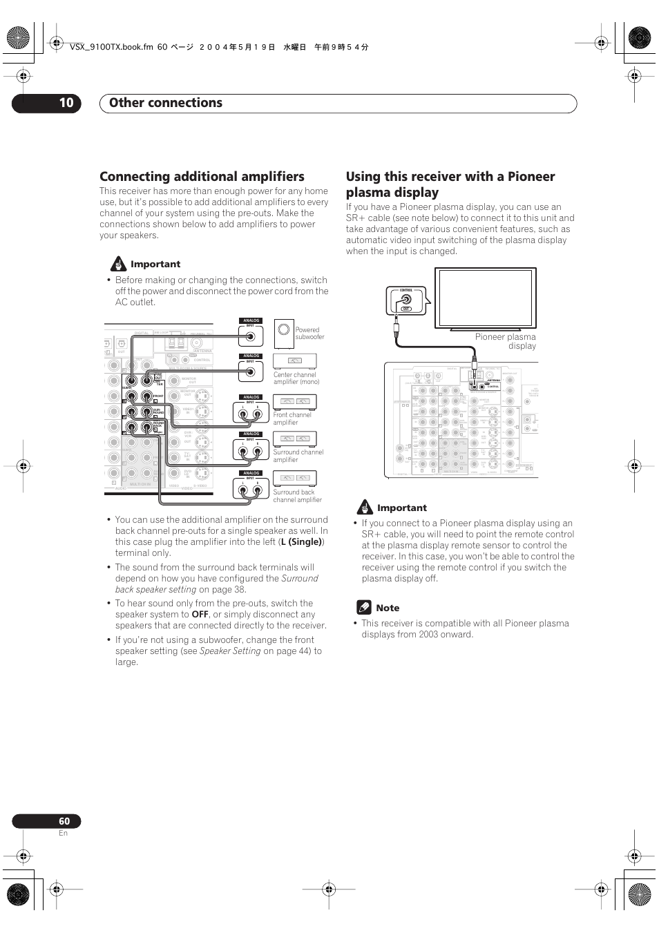 Other connections 10, Connecting additional amplifiers, Using this receiver with a pioneer plasma display | Important, L (single), Surround back speaker setting, Speaker setting, On page 44) to large, Pioneer plasma display, Powered subwoofer center channel amplifier (mono) | Pioneer VSX-9100TX User Manual | Page 60 / 79