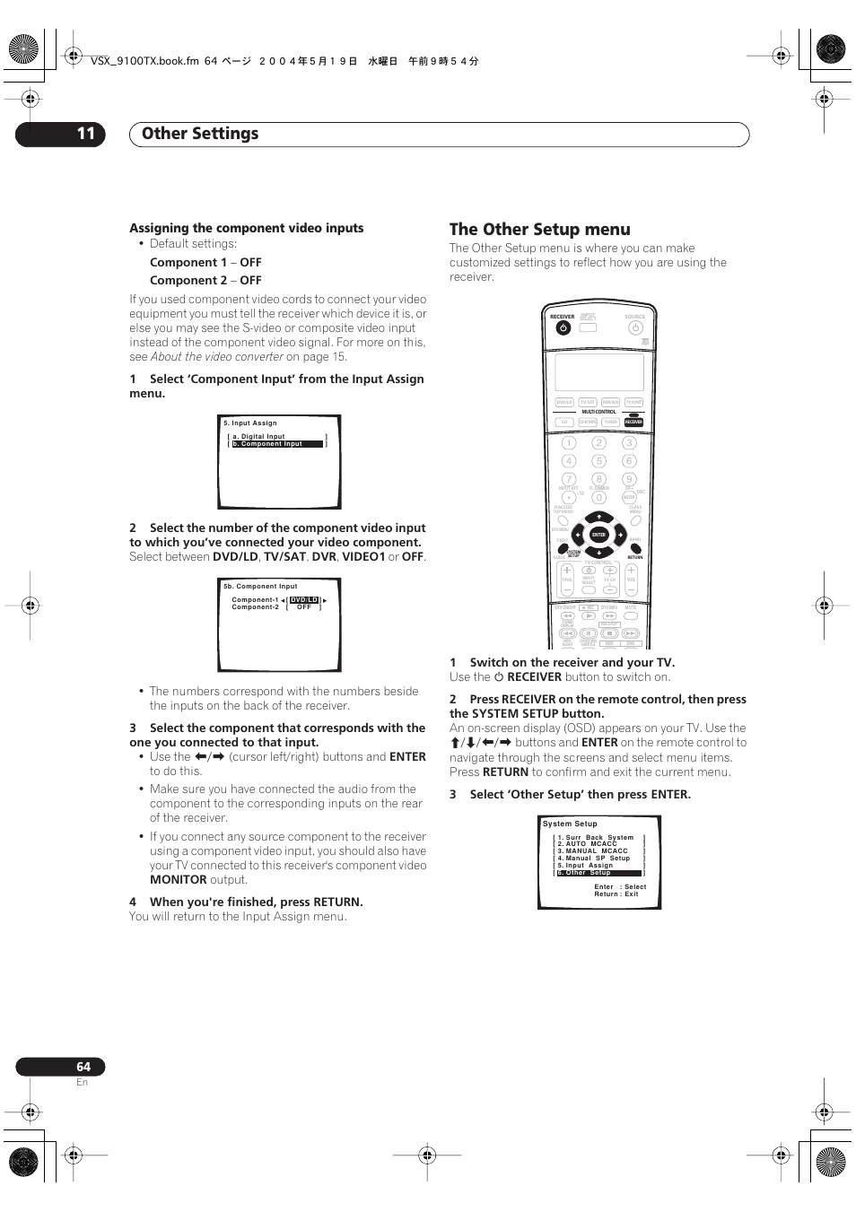 The other setup menu, Other settings 11, Assigning the component video inputs | Pioneer VSX-9100TX User Manual | Page 64 / 79