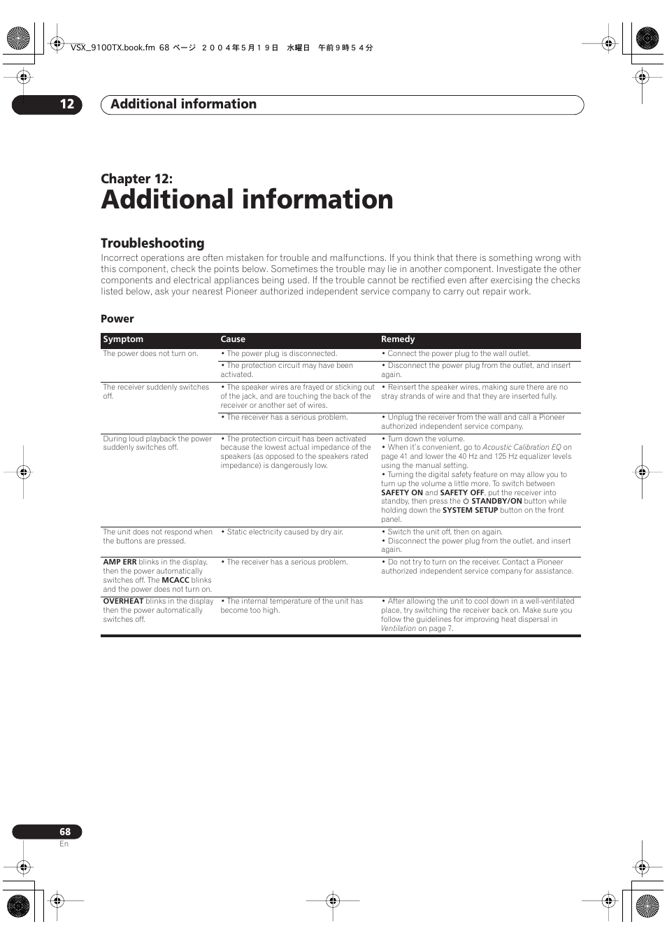 12 additional information, Troubleshooting, Power | Additional information, Additional information 12, Chapter 12 | Pioneer VSX-9100TX User Manual | Page 68 / 79