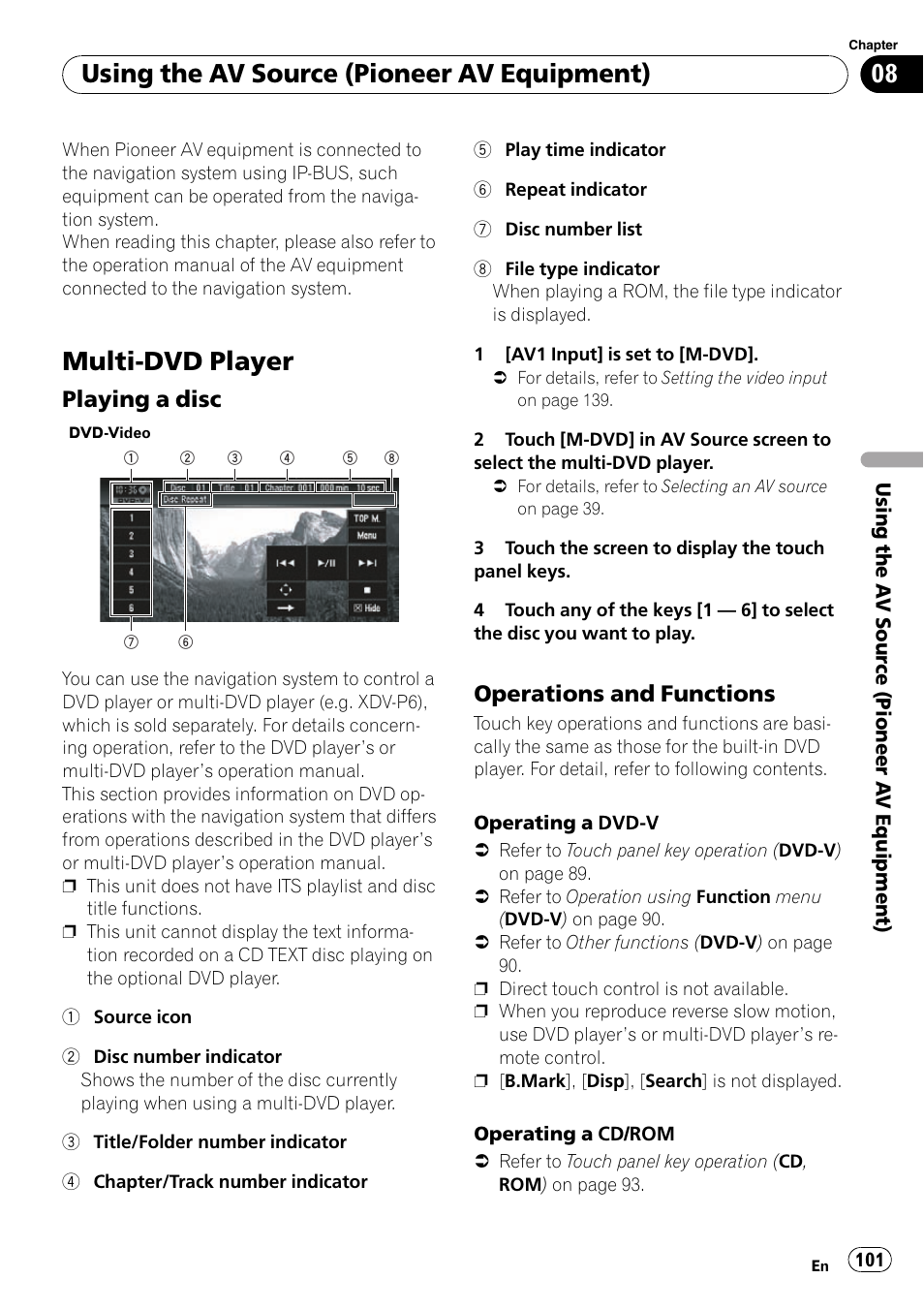 Playing a disc 101, Operations and functions 101, Multi-dvd player | Using the av source (pioneer av equipment), Playing a disc, Operations and functions | Pioneer SUPERTUNERD AVIC-N5 User Manual | Page 101 / 188