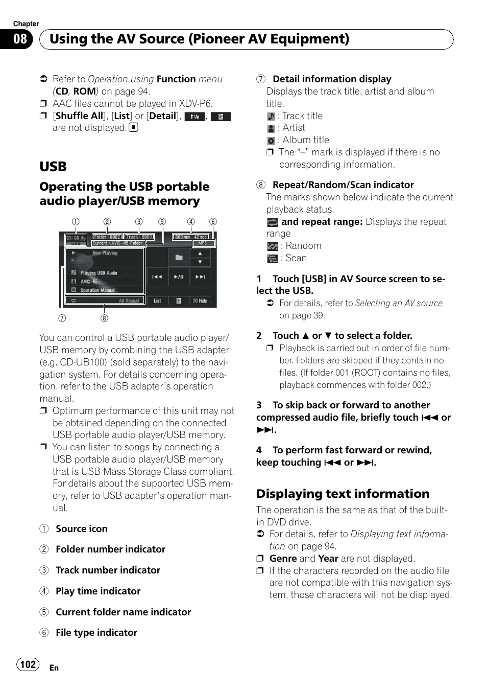 Operating the usb portable audio, Player/usb memory, Displaying text information 102 | Using the av source (pioneer av equipment), Displaying text information | Pioneer SUPERTUNERD AVIC-N5 User Manual | Page 102 / 188