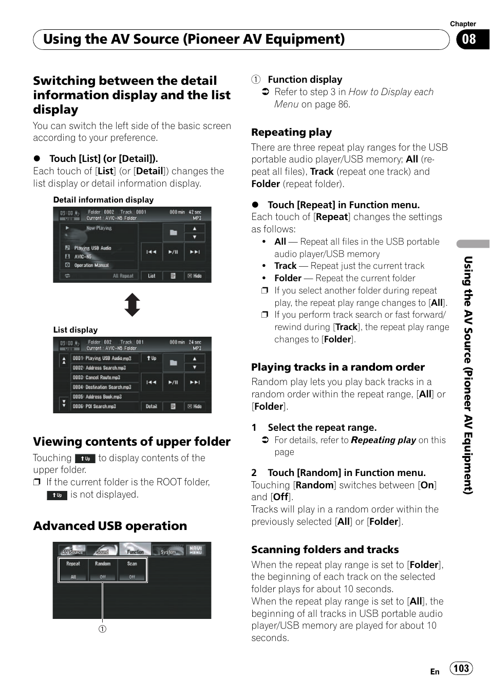 Switching between the detail, Information display and the list display, Viewing contents of upper folder 103 | Advanced usb operation 103, Using the av source (pioneer av equipment), Viewing contents of upper folder, Advanced usb operation | Pioneer SUPERTUNERD AVIC-N5 User Manual | Page 103 / 188