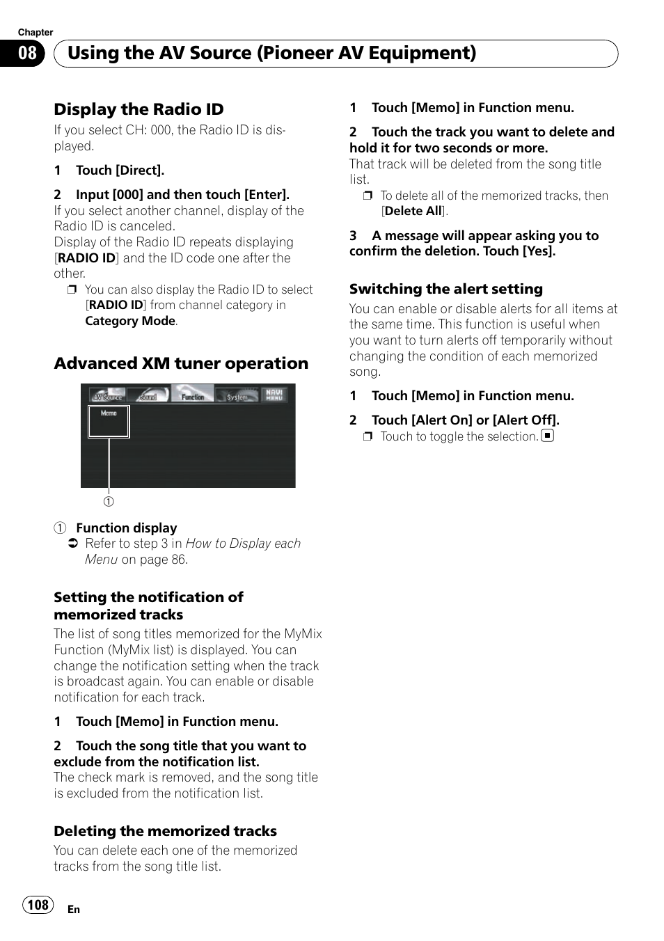 Display the radio id 108, Advanced xm tuner operation 108, Using the av source (pioneer av equipment) | Display the radio id, Advanced xm tuner operation | Pioneer SUPERTUNERD AVIC-N5 User Manual | Page 108 / 188