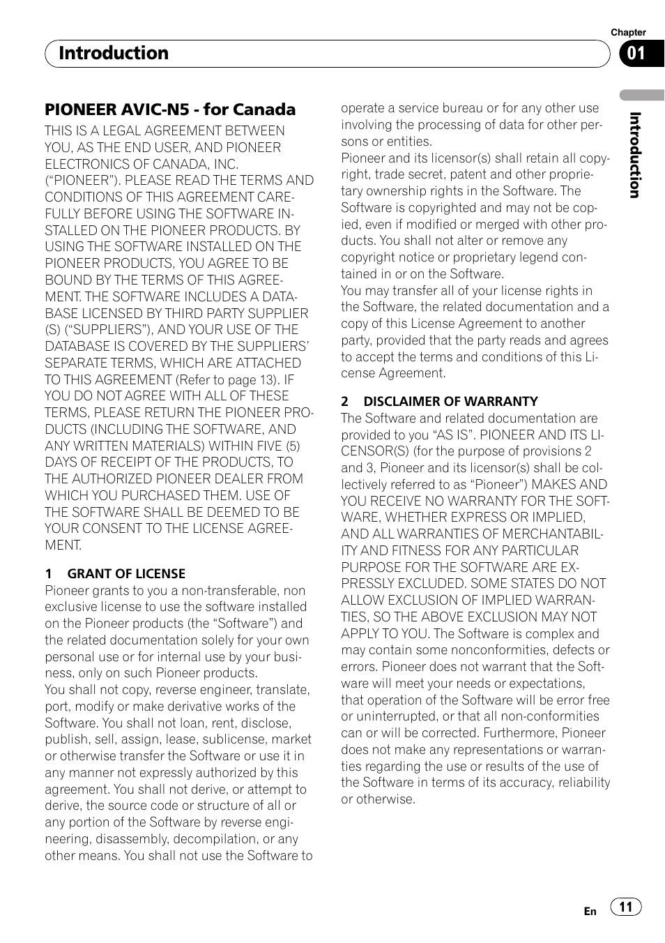Pioneer avic-n5 - for canada 11, Introduction, Pioneer avic-n5 - for canada | Pioneer SUPERTUNERD AVIC-N5 User Manual | Page 11 / 188