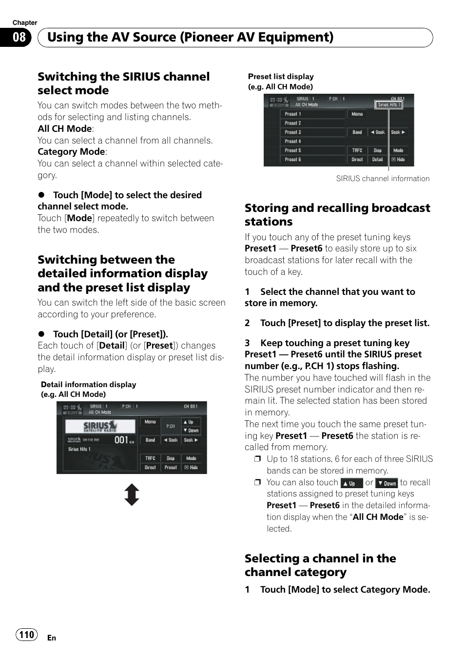 Switching the sirius channel select, Mode, Switching between the detailed | Information display and the preset list display, Storing and recalling broadcast, Stations, Selecting a channel in the channel, Category, Switching the sirius channel se, Using the av source (pioneer av equipment) | Pioneer SUPERTUNERD AVIC-N5 User Manual | Page 110 / 188
