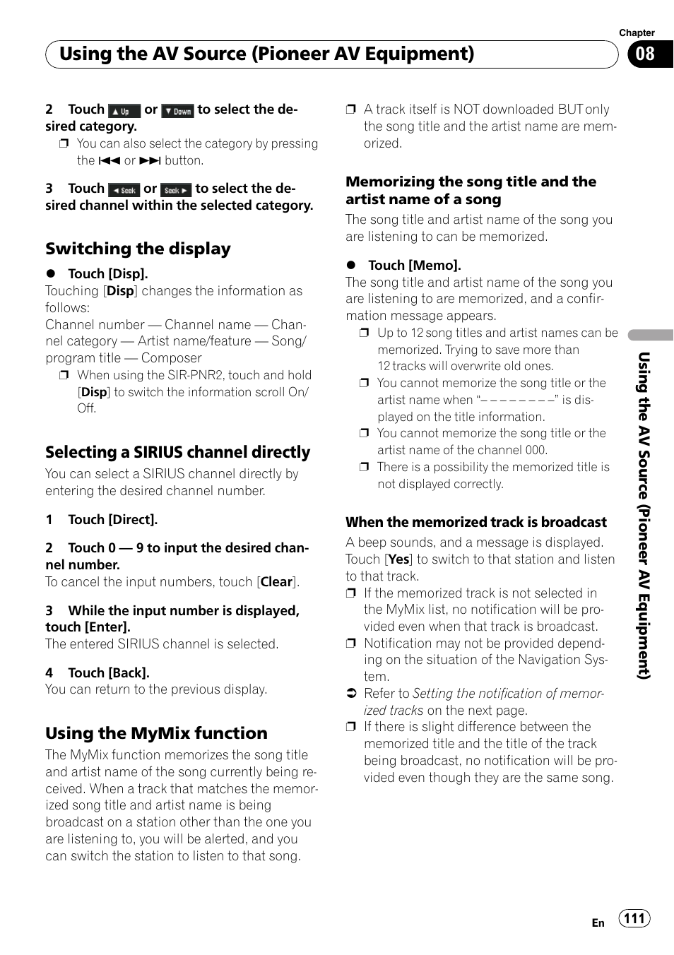 Switching the display 111, Selecting a sirius channel, Directly | Using the mymix function 111, Using the av source (pioneer av equipment), Switching the display, Selecting a sirius channel directly, Using the mymix function | Pioneer SUPERTUNERD AVIC-N5 User Manual | Page 111 / 188