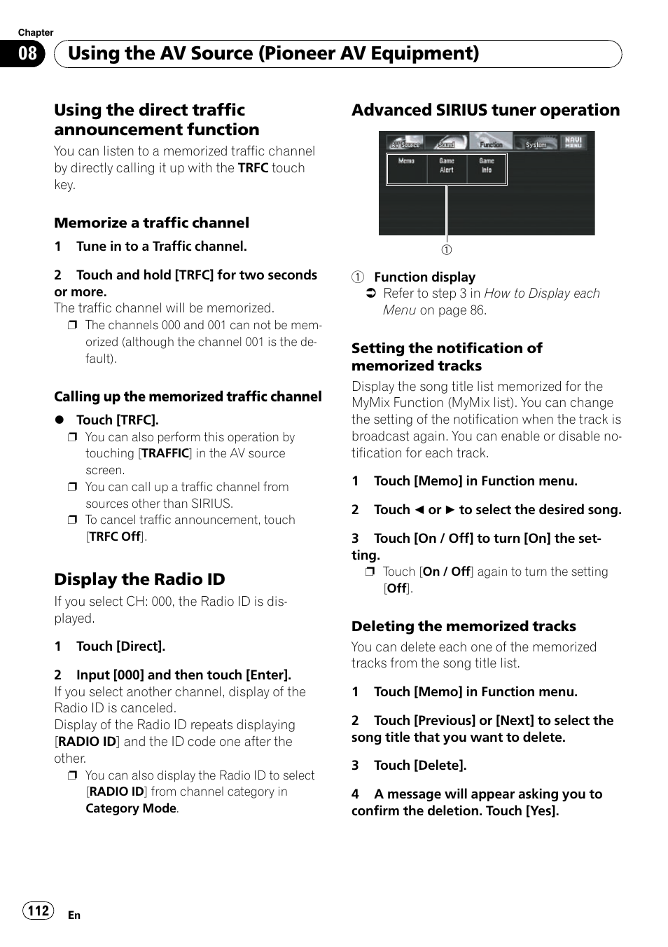 Using the direct traffic announcement, Function, Display the radio id 112 | Advanced sirius tuner operation 112, Using the av source (pioneer av equipment), Using the direct traffic announcement function, Display the radio id, Advanced sirius tuner operation | Pioneer SUPERTUNERD AVIC-N5 User Manual | Page 112 / 188