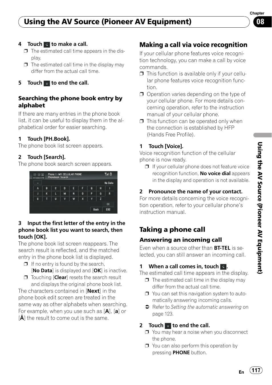 Making a call via voice, Recognition, Taking a phone call 117 | Searching the phone book entry by, Using the av source (pioneer av equipment), Making a call via voice recognition, Taking a phone call | Pioneer SUPERTUNERD AVIC-N5 User Manual | Page 117 / 188