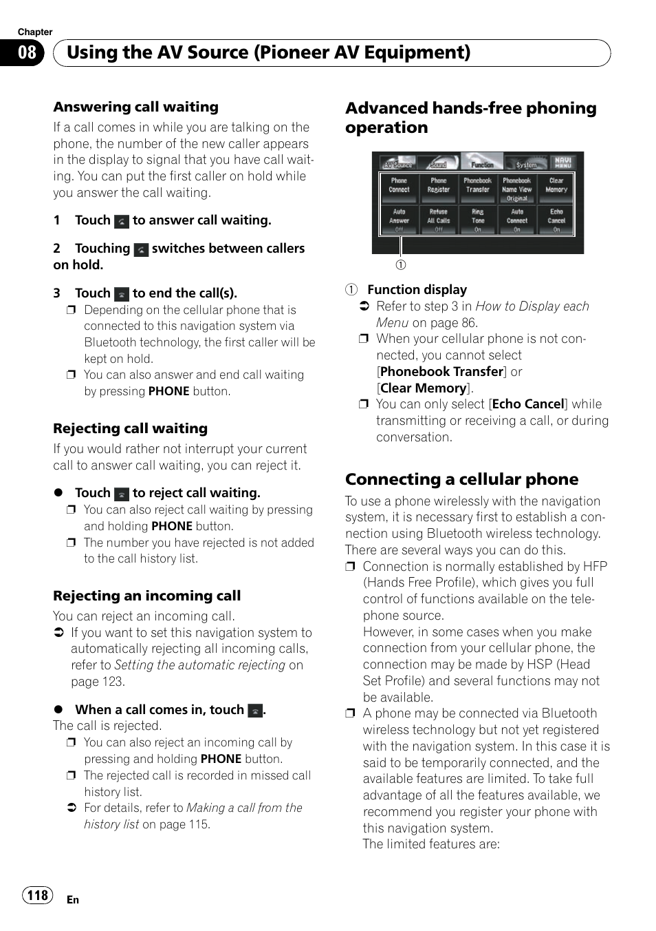 Advanced hands-free phoning, Operation, Connecting a cellular phone 118 | Connecting a cellular, Using the av source (pioneer av equipment), Advanced hands-free phoning operation, Connecting a cellular phone | Pioneer SUPERTUNERD AVIC-N5 User Manual | Page 118 / 188