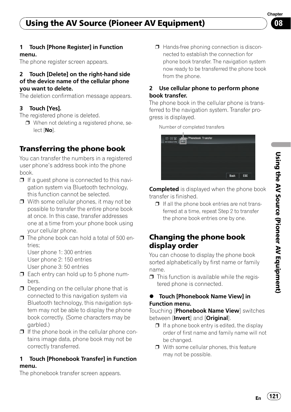 Transferring the phone book 121, Changing the phone book display, Order | Transferring the phone book on, Using the av source (pioneer av equipment), Transferring the phone book, Changing the phone book display order | Pioneer SUPERTUNERD AVIC-N5 User Manual | Page 121 / 188