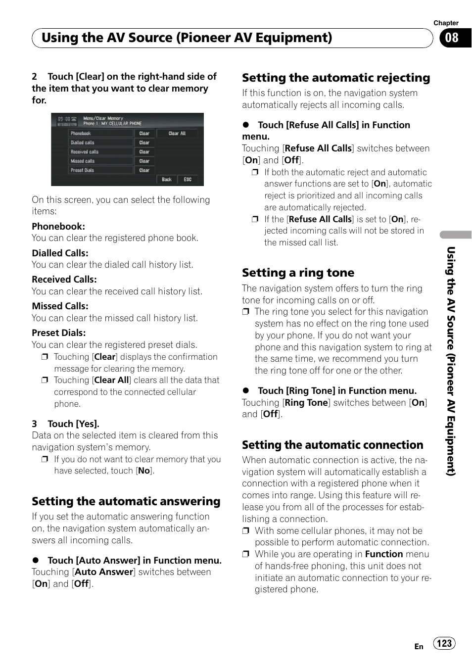Setting the automatic answering 123, Setting the automatic rejecting 123, Setting a ring tone 123 | Setting the automatic connection 123, Setting the automatic, Using the av source (pioneer av equipment), Setting the automatic answering, Setting the automatic rejecting, Setting a ring tone, Setting the automatic connection | Pioneer SUPERTUNERD AVIC-N5 User Manual | Page 123 / 188
