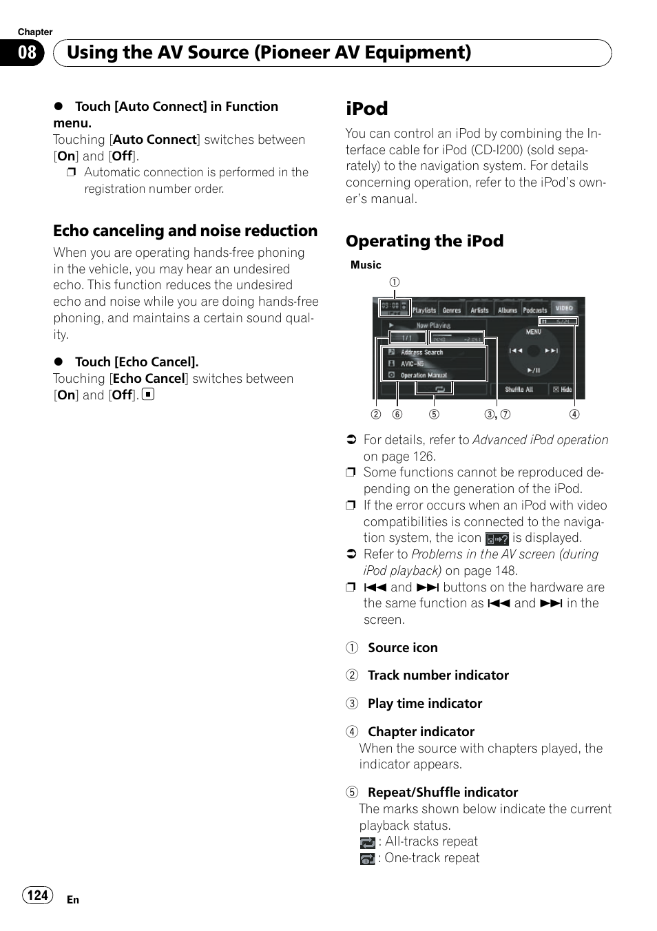 Echo canceling and noise, Reduction, Ipod | Operating the ipod 124, Using the av source (pioneer av equipment), Echo canceling and noise reduction, Operating the ipod | Pioneer SUPERTUNERD AVIC-N5 User Manual | Page 124 / 188