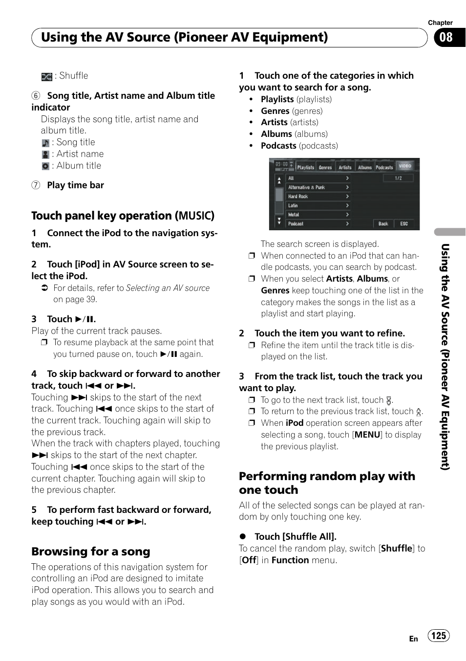 Touch panel key operation, Music), Browsing for a song 125 | Performing random play with one, Touch, Using the av source (pioneer av equipment), Touch panel key operation (music), Browsing for a song, Performing random play with one touch | Pioneer SUPERTUNERD AVIC-N5 User Manual | Page 125 / 188