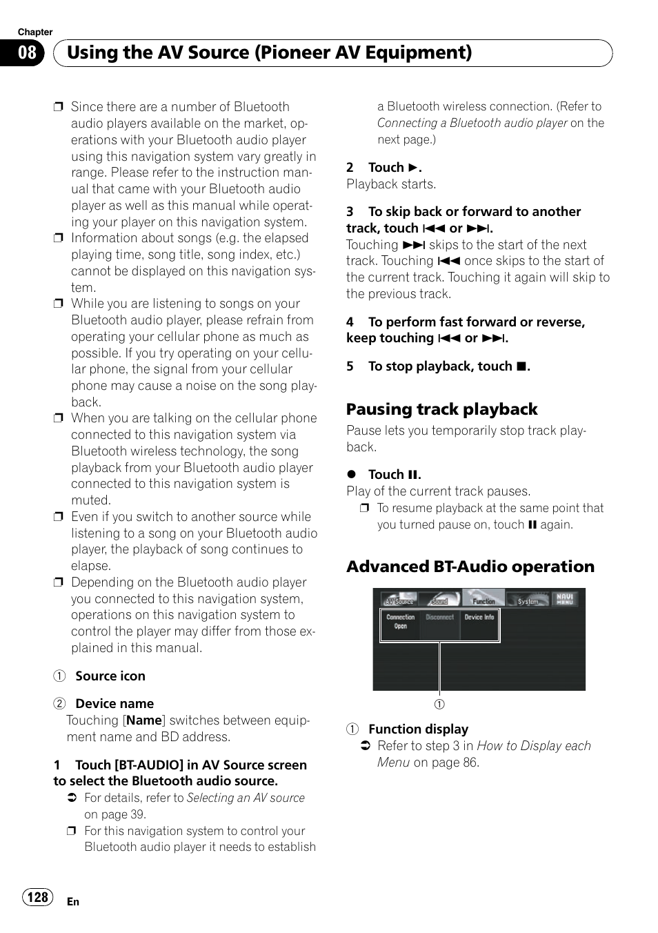 Pausing track playback 128, Advanced bt-audio operation 128, Using the av source (pioneer av equipment) | Pausing track playback, Advanced bt-audio operation | Pioneer SUPERTUNERD AVIC-N5 User Manual | Page 128 / 188