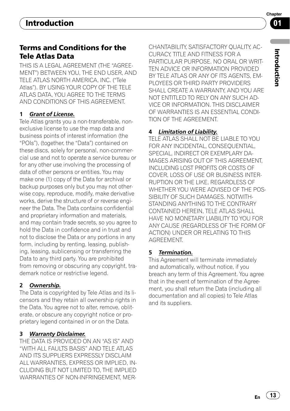 Terms and conditions for the tele atlas, Data, Introduction | Terms and conditions for the tele atlas data | Pioneer SUPERTUNERD AVIC-N5 User Manual | Page 13 / 188