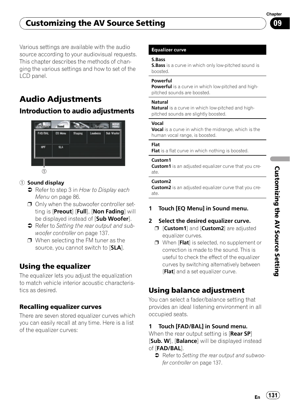 Introduction to audio, Adjustments, Using the equalizer 131 | Using balance adjustment 131, Audio adjustments, Customizing the av source setting, Introduction to audio adjustments, Using the equalizer, Using balance adjustment | Pioneer SUPERTUNERD AVIC-N5 User Manual | Page 131 / 188