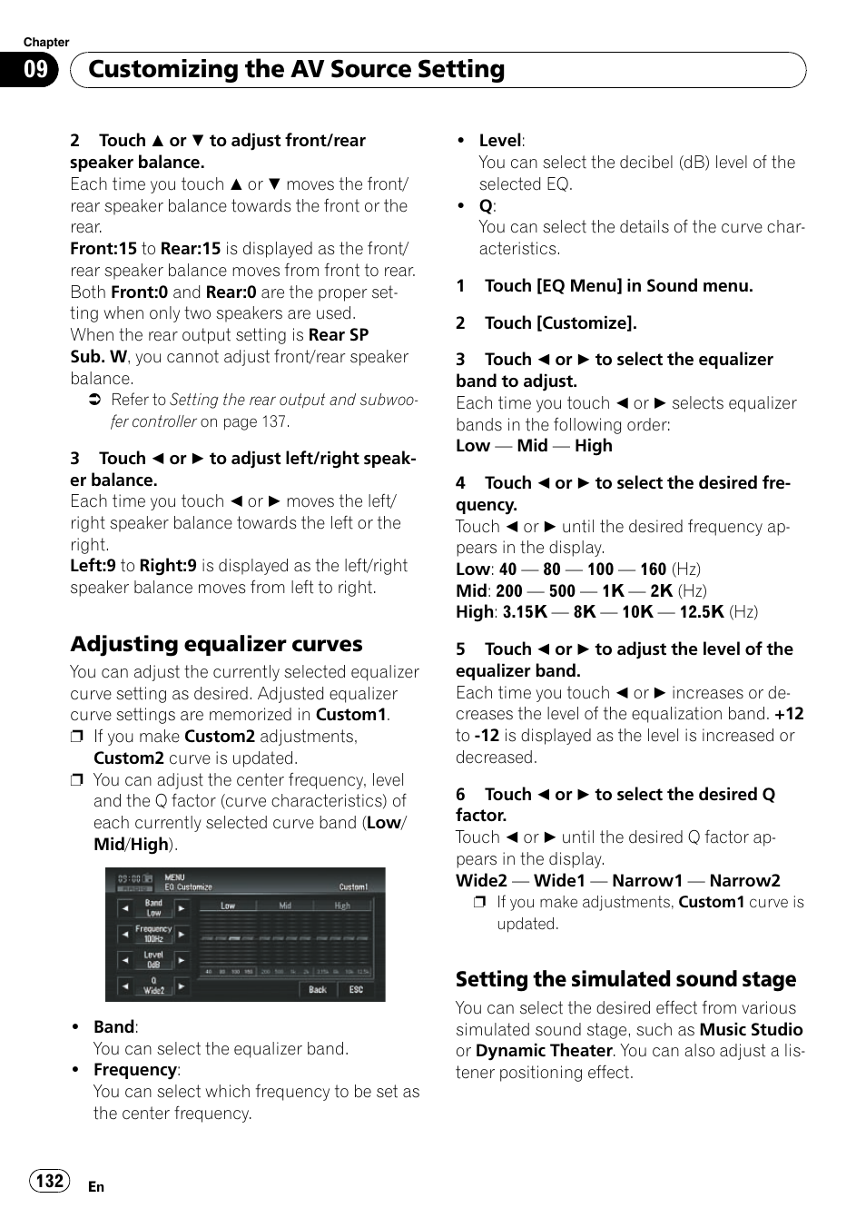 Adjusting equalizer curves 132, Setting the simulated sound, Stage | Customizing the av source setting, Adjusting equalizer curves, Setting the simulated sound stage | Pioneer SUPERTUNERD AVIC-N5 User Manual | Page 132 / 188