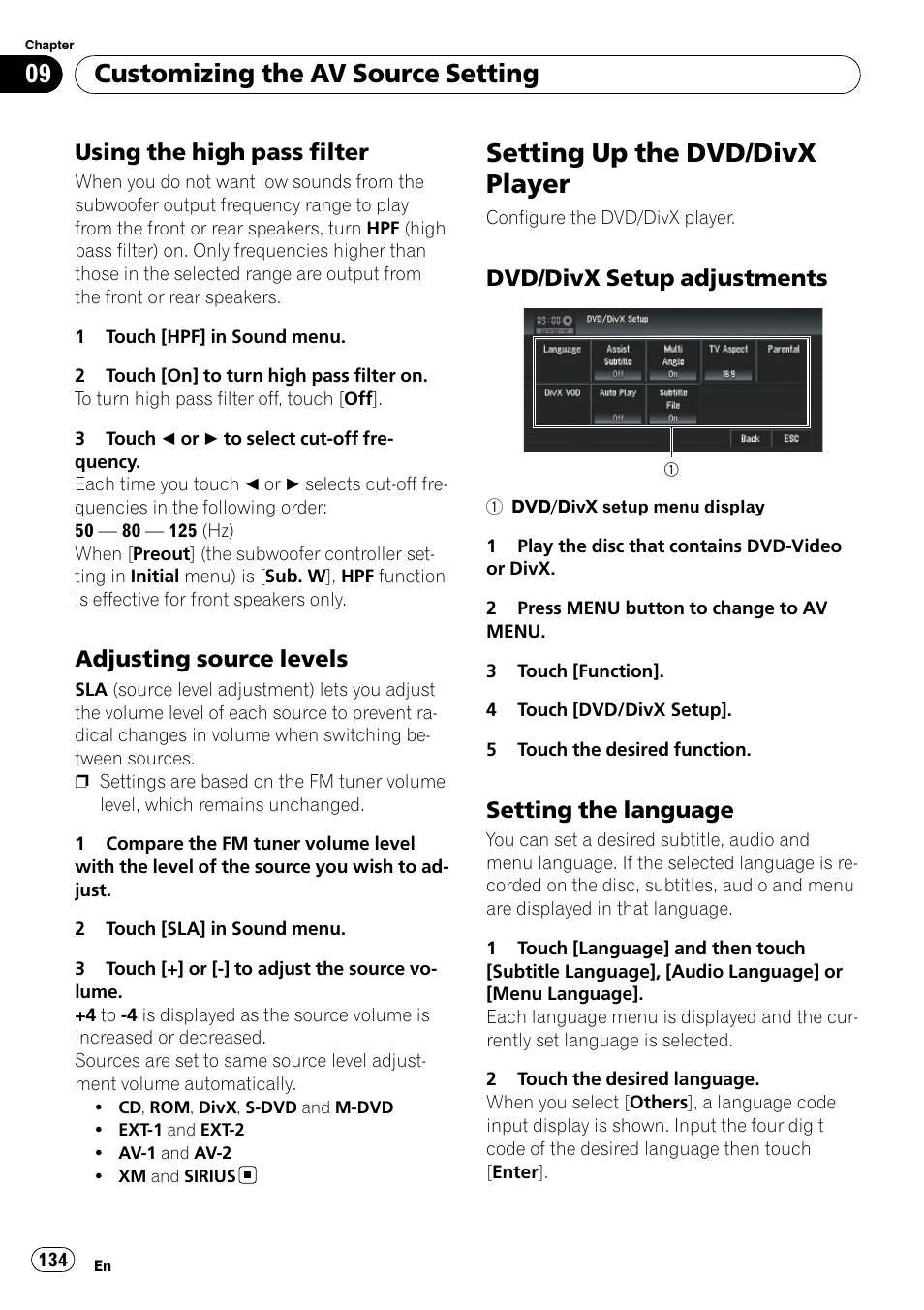 Using the high pass filter 134, Adjusting source levels 134, Setting up the dvd/divx player | Dvd/divx setup adjustments 134, Setting the language 134, Using the high pass filter, Customizing the av source setting, Adjusting source levels, Dvd/divx setup adjustments, Setting the language | Pioneer SUPERTUNERD AVIC-N5 User Manual | Page 134 / 188