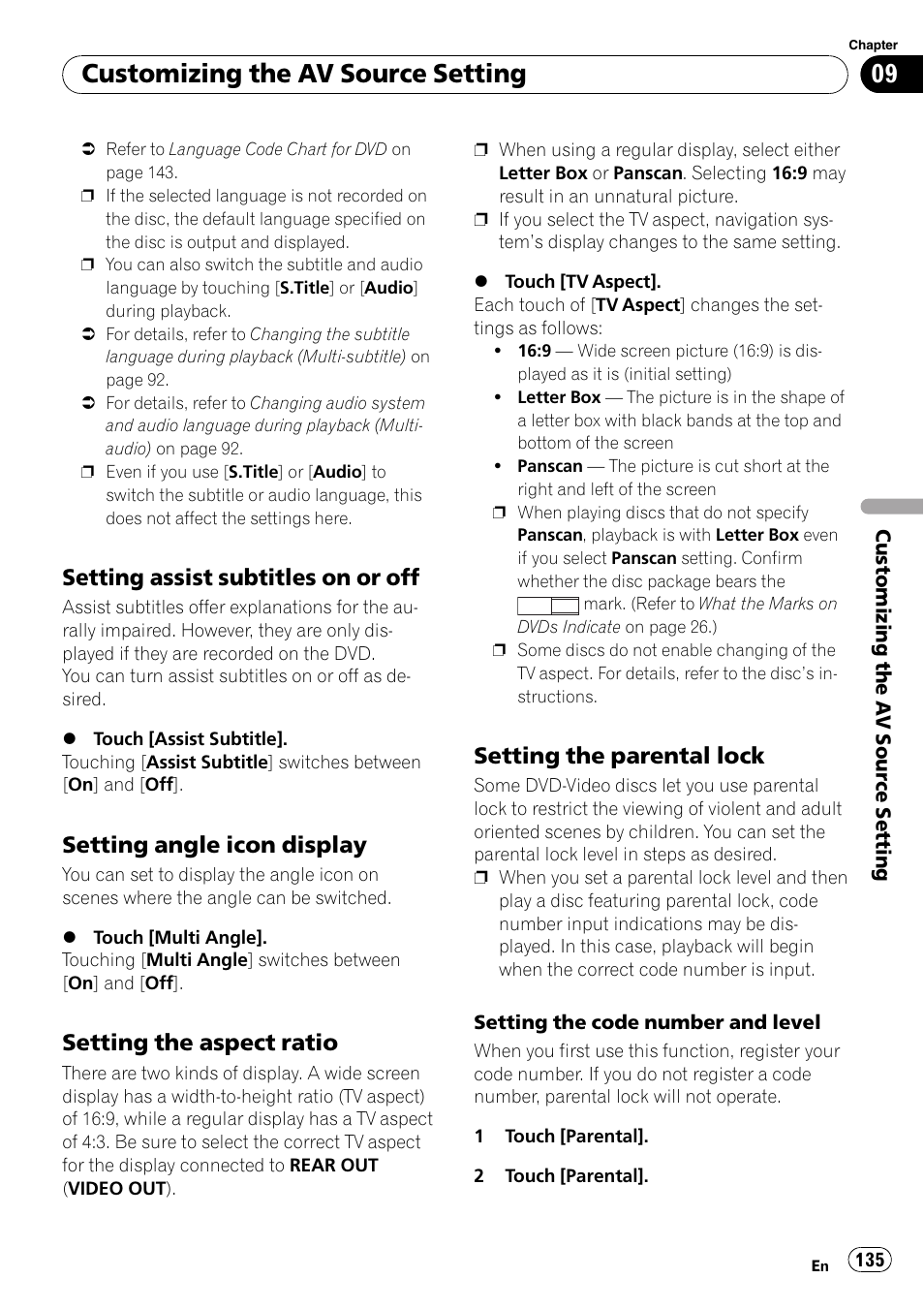 Setting assist subtitles on or off 135, Setting angle icon display 135, Setting the aspect ratio 135 | Setting the parental lock 135, Customizing the av source setting, Setting assist subtitles on or off, Setting angle icon display, Setting the aspect ratio, Setting the parental lock | Pioneer SUPERTUNERD AVIC-N5 User Manual | Page 135 / 188
