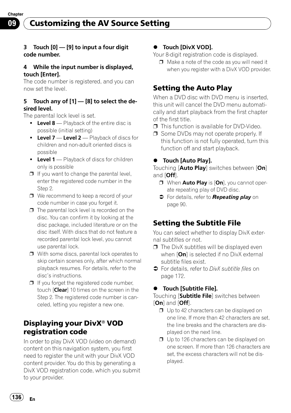 Displaying your divx® vod, Registration code, Setting the auto play 136 | Setting the subtitle file 136, Displaying your divx, Vod registration, Customizing the av source setting, Vod registration code, Setting the auto play, Setting the subtitle file | Pioneer SUPERTUNERD AVIC-N5 User Manual | Page 136 / 188