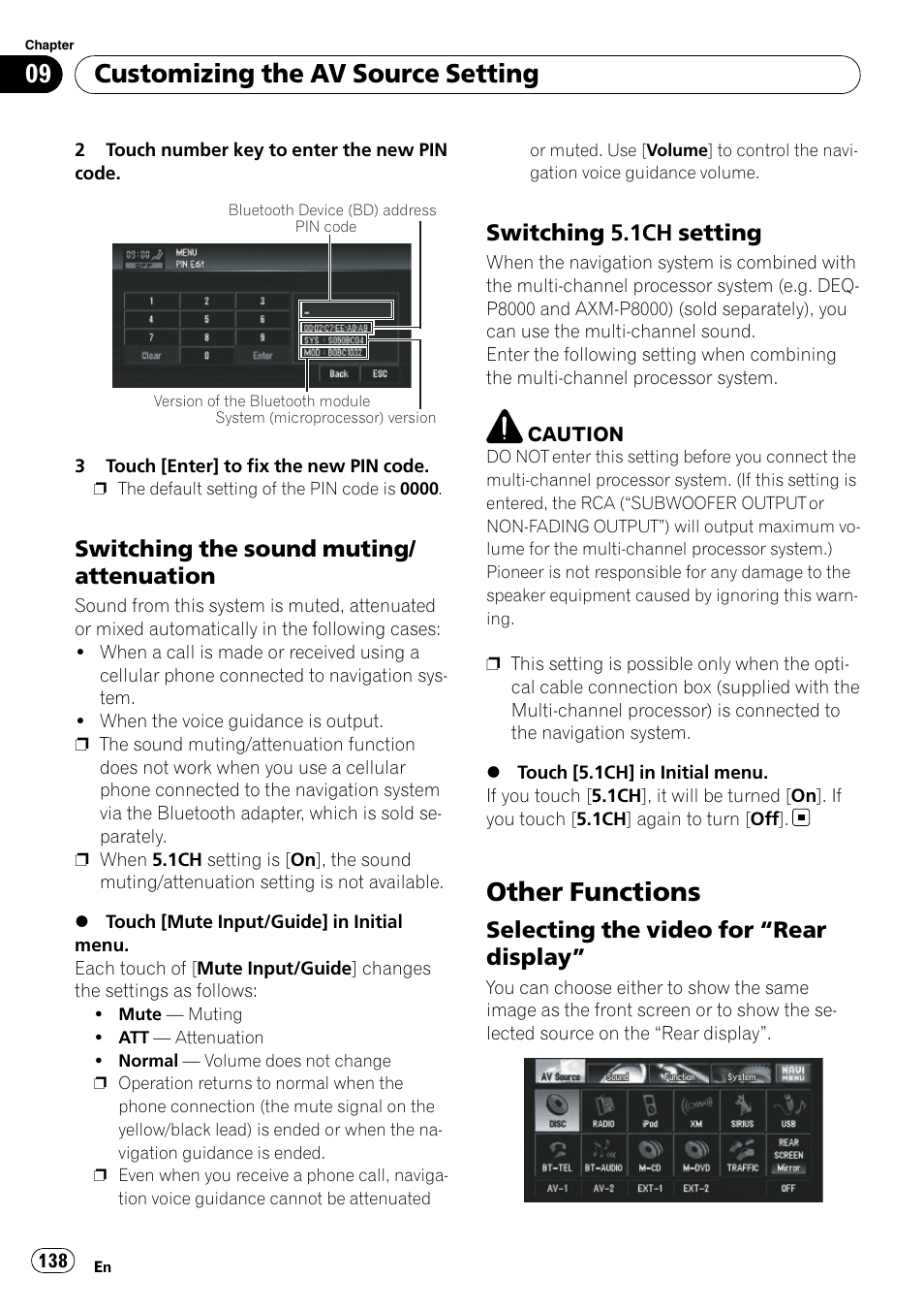 Switching the sound muting, Attenuation, Switching 5.1ch setting 138 | Other functions, Selecting the video for “rear, Display, Switching the sound muting/at, Other functions on, Customizing the av source setting, Switching the sound muting/ attenuation | Pioneer SUPERTUNERD AVIC-N5 User Manual | Page 138 / 188