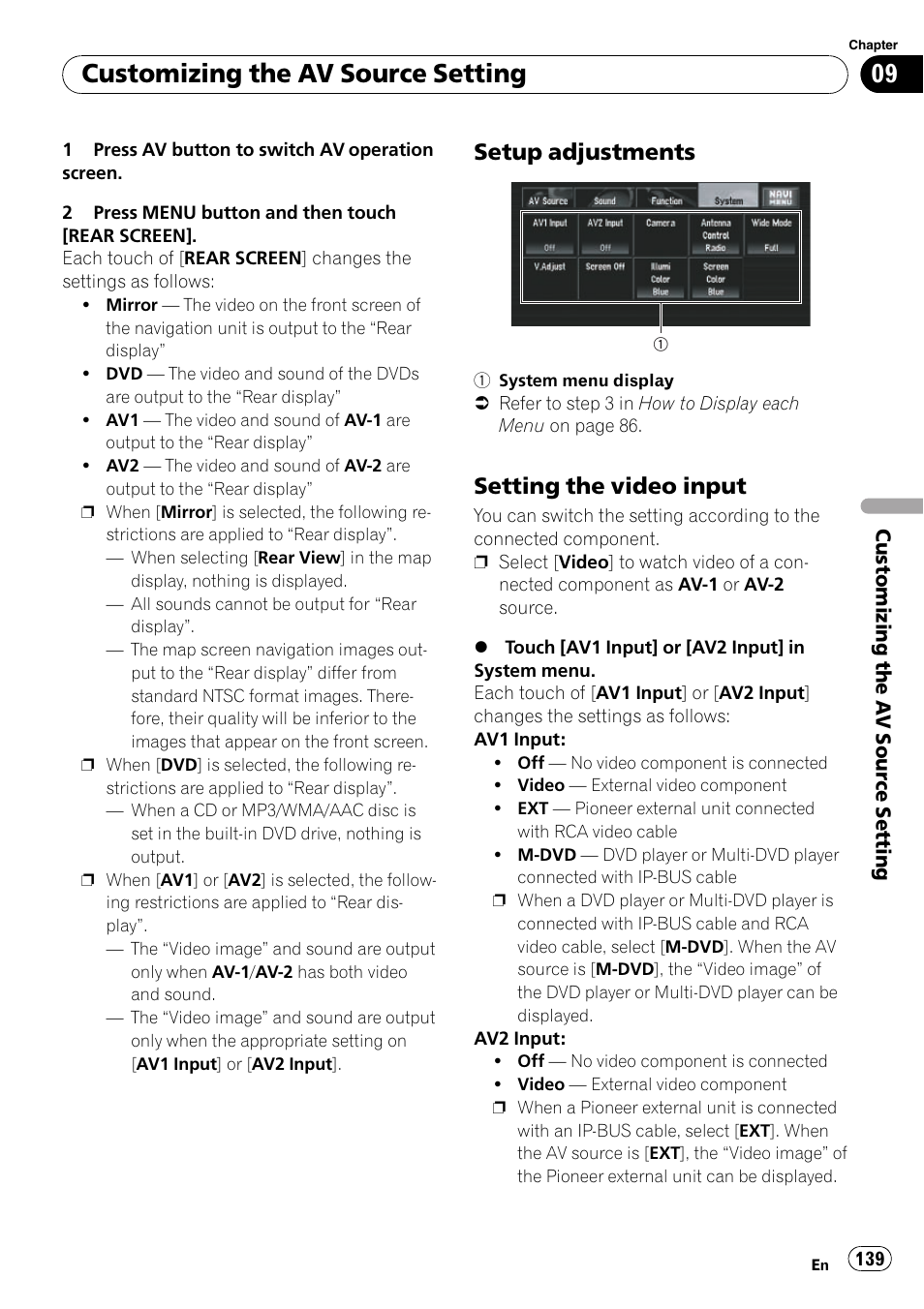Setup adjustments 139, Setting the video input 139, Setting the video input | Customizing the av source setting, Setup adjustments | Pioneer SUPERTUNERD AVIC-N5 User Manual | Page 139 / 188