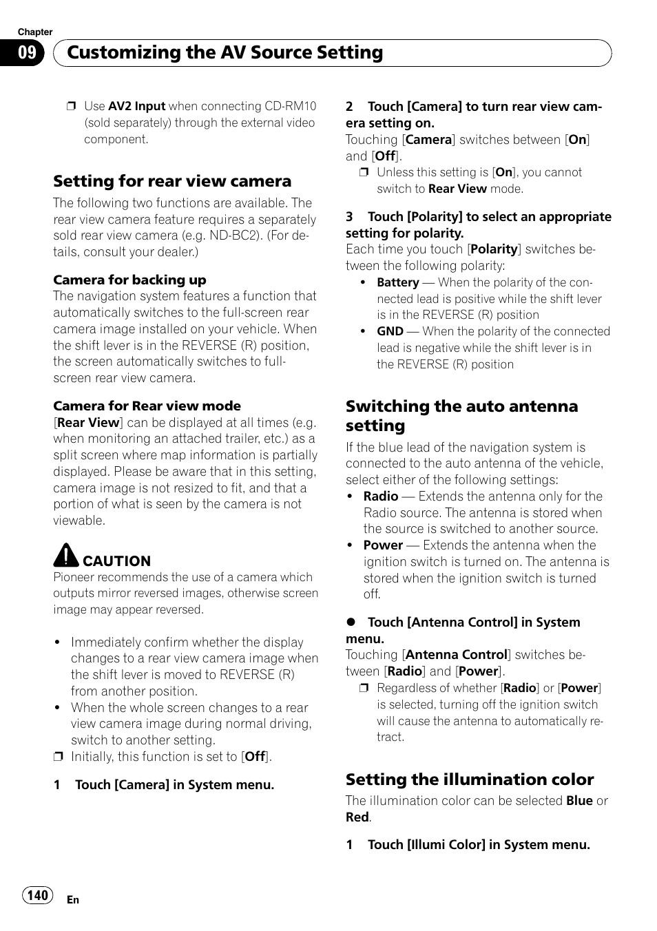 Setting for rear view camera 140, Switching the auto antenna, Setting | Setting the illumination color 140, Customizing the av source setting, Setting for rear view camera, Switching the auto antenna setting, Setting the illumination color | Pioneer SUPERTUNERD AVIC-N5 User Manual | Page 140 / 188