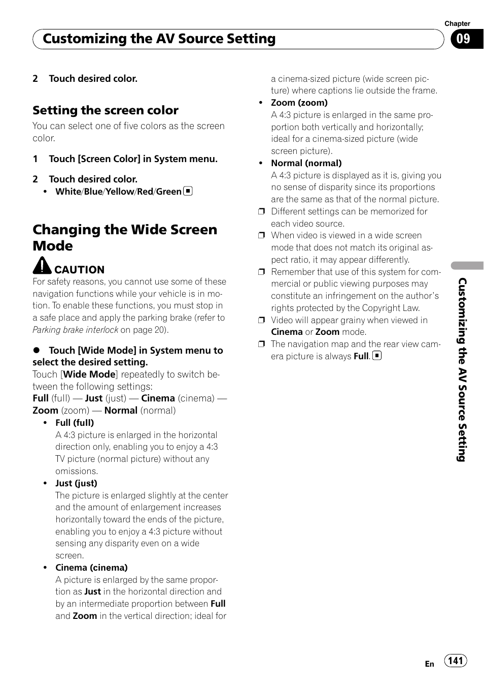 Setting the screen color 141, Changing the wide screen mode, Customizing the av source setting | Setting the screen color | Pioneer SUPERTUNERD AVIC-N5 User Manual | Page 141 / 188