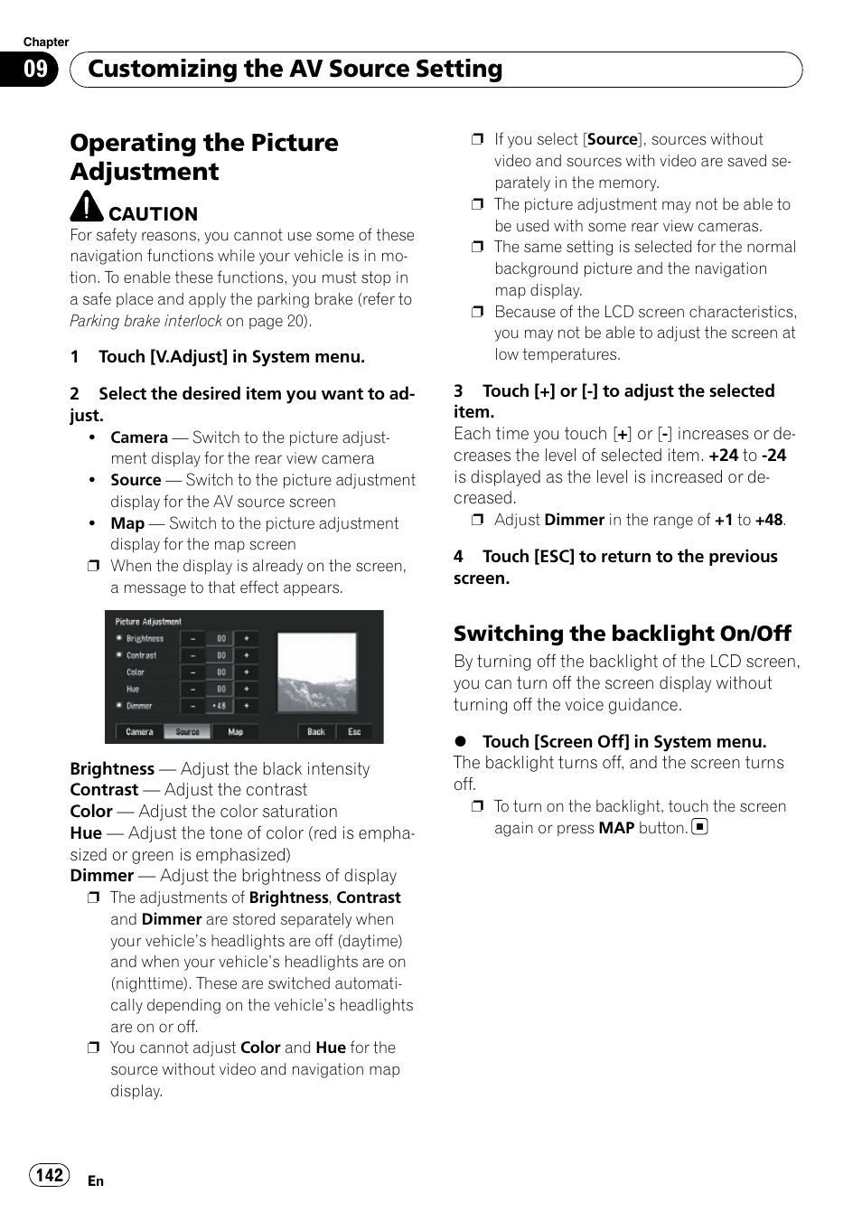 Operating the picture adjustment, Switching the backlight on/off 142, Customizing the av source setting | Switching the backlight on/off | Pioneer SUPERTUNERD AVIC-N5 User Manual | Page 142 / 188