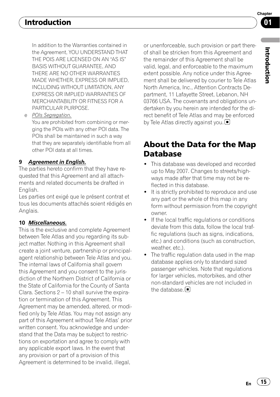 About the data for the map database, Introduction | Pioneer SUPERTUNERD AVIC-N5 User Manual | Page 15 / 188