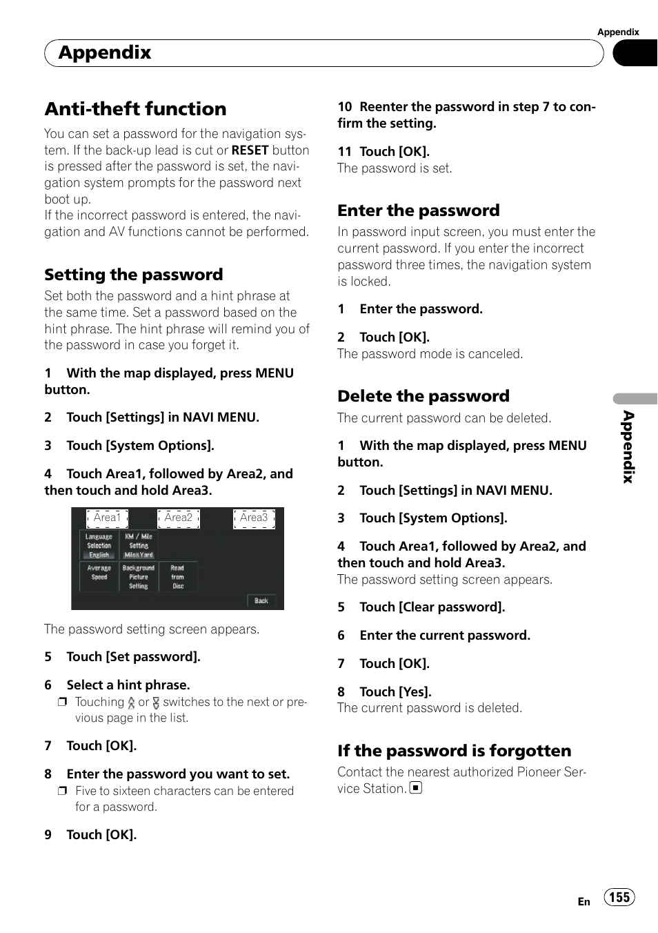 Anti-theft function, Setting the password 155, Enter the password 155 | Delete the password 155, If the password is forgotten 155, Appendix, Setting the password, Enter the password, Delete the password, If the password is forgotten | Pioneer SUPERTUNERD AVIC-N5 User Manual | Page 155 / 188