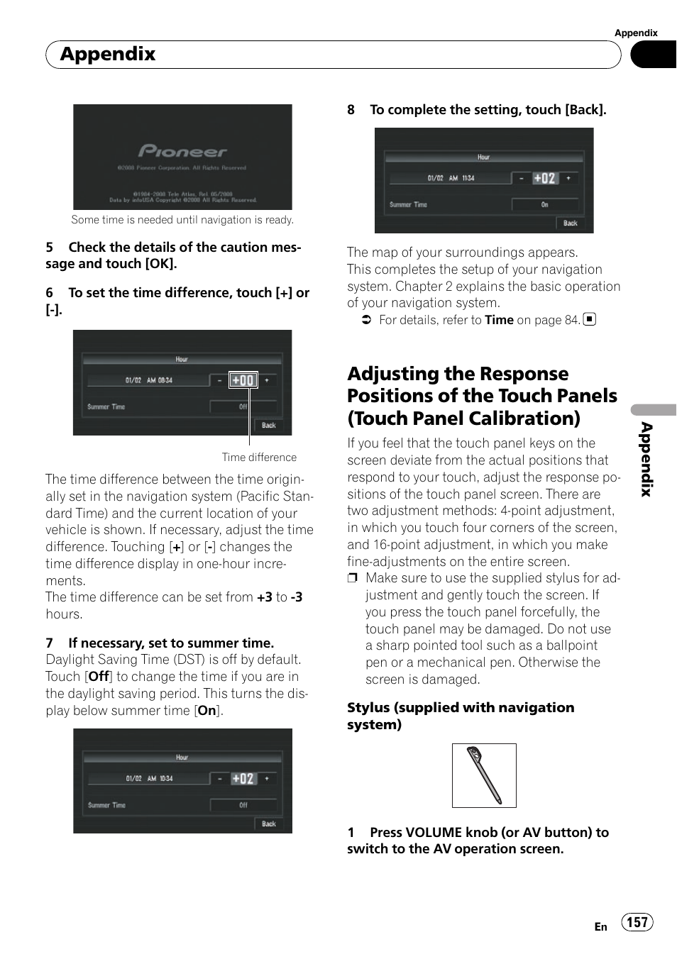 Adjusting the response positions of the, Touch panels (touch panel calibration), Appendix | Pioneer SUPERTUNERD AVIC-N5 User Manual | Page 157 / 188