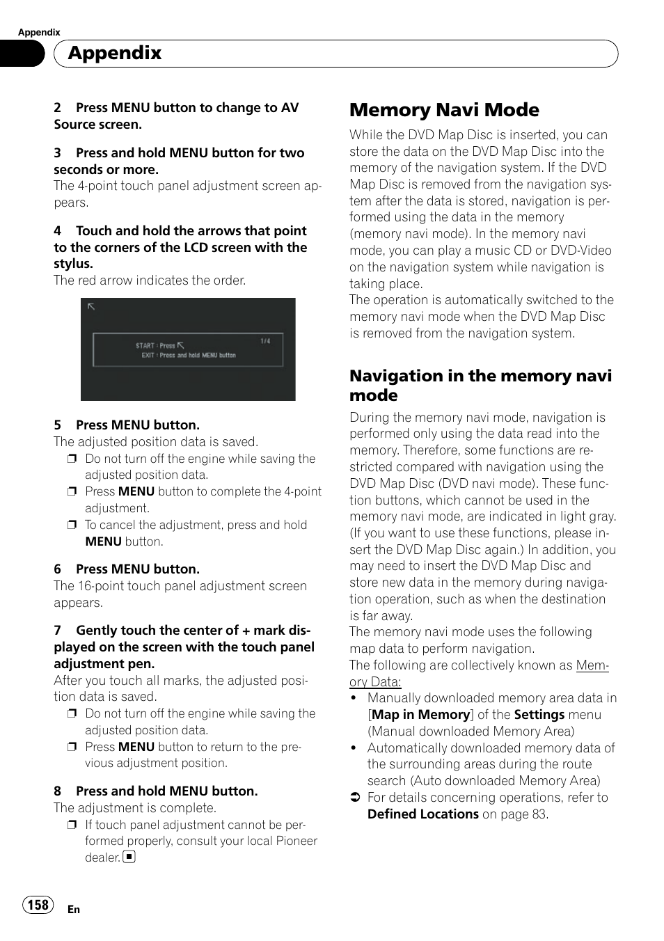 Memory navi mode, Navigation in the memory navi, Mode | Appendix | Pioneer SUPERTUNERD AVIC-N5 User Manual | Page 158 / 188