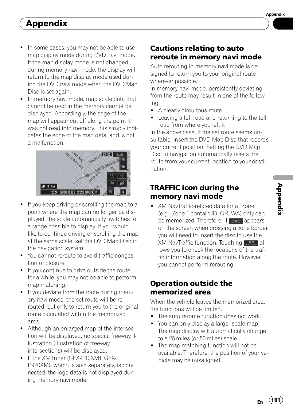 Cautions relating to auto reroute in, Memory navi mode, Traffic icon during the memory navi | Mode, Operation outside the memorized, Area, Appendix | Pioneer SUPERTUNERD AVIC-N5 User Manual | Page 161 / 188