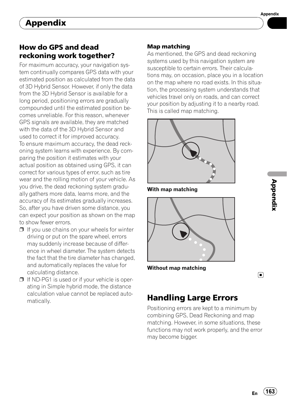 How do gps and dead reckoning work, Together, Handling large errors | Appendix | Pioneer SUPERTUNERD AVIC-N5 User Manual | Page 163 / 188