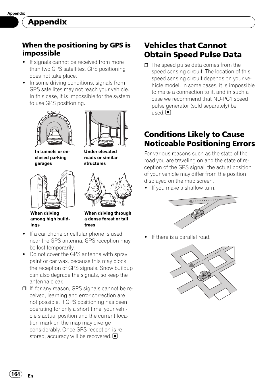 When the positioning by gps is, Impossible, Vehicles that cannot obtain speed pulse | Data, Conditions likely to cause noticeable, Positioning errors, Vehicles that cannot obtain speed pulse data, Appendix, When the positioning by gps is impossible | Pioneer SUPERTUNERD AVIC-N5 User Manual | Page 164 / 188