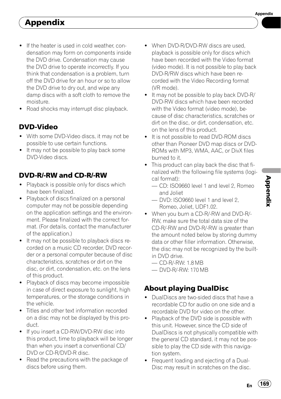 Dvd-video 169, Dvd-r/-rw and cd-r/-rw 169, About playing dualdisc 169 | Appendix, Dvd-video, Dvd-r/-rw and cd-r/-rw, About playing dualdisc | Pioneer SUPERTUNERD AVIC-N5 User Manual | Page 169 / 188