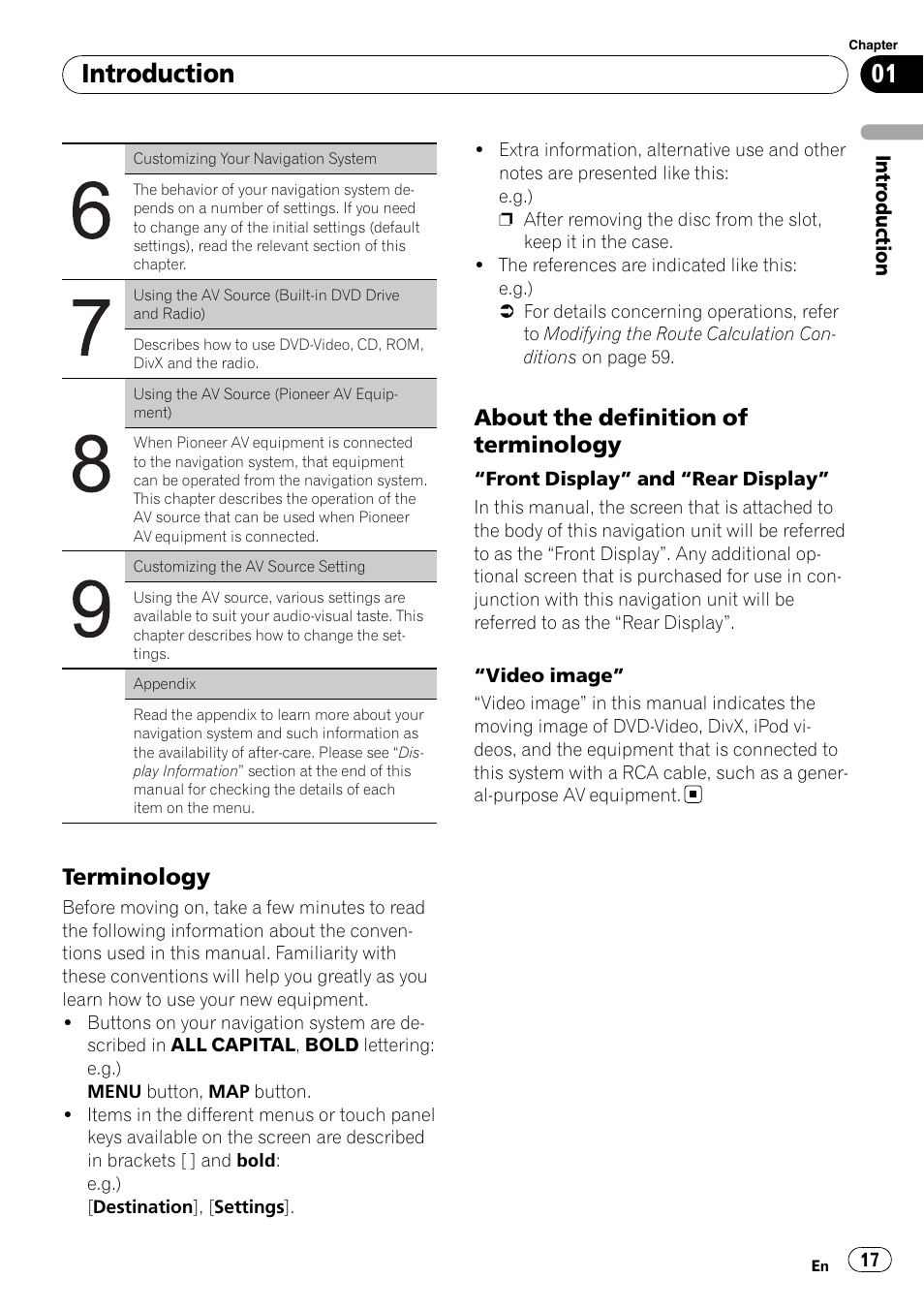 Terminology 17, About the definition of terminology 17, Introduction | Terminology, About the definition of terminology | Pioneer SUPERTUNERD AVIC-N5 User Manual | Page 17 / 188