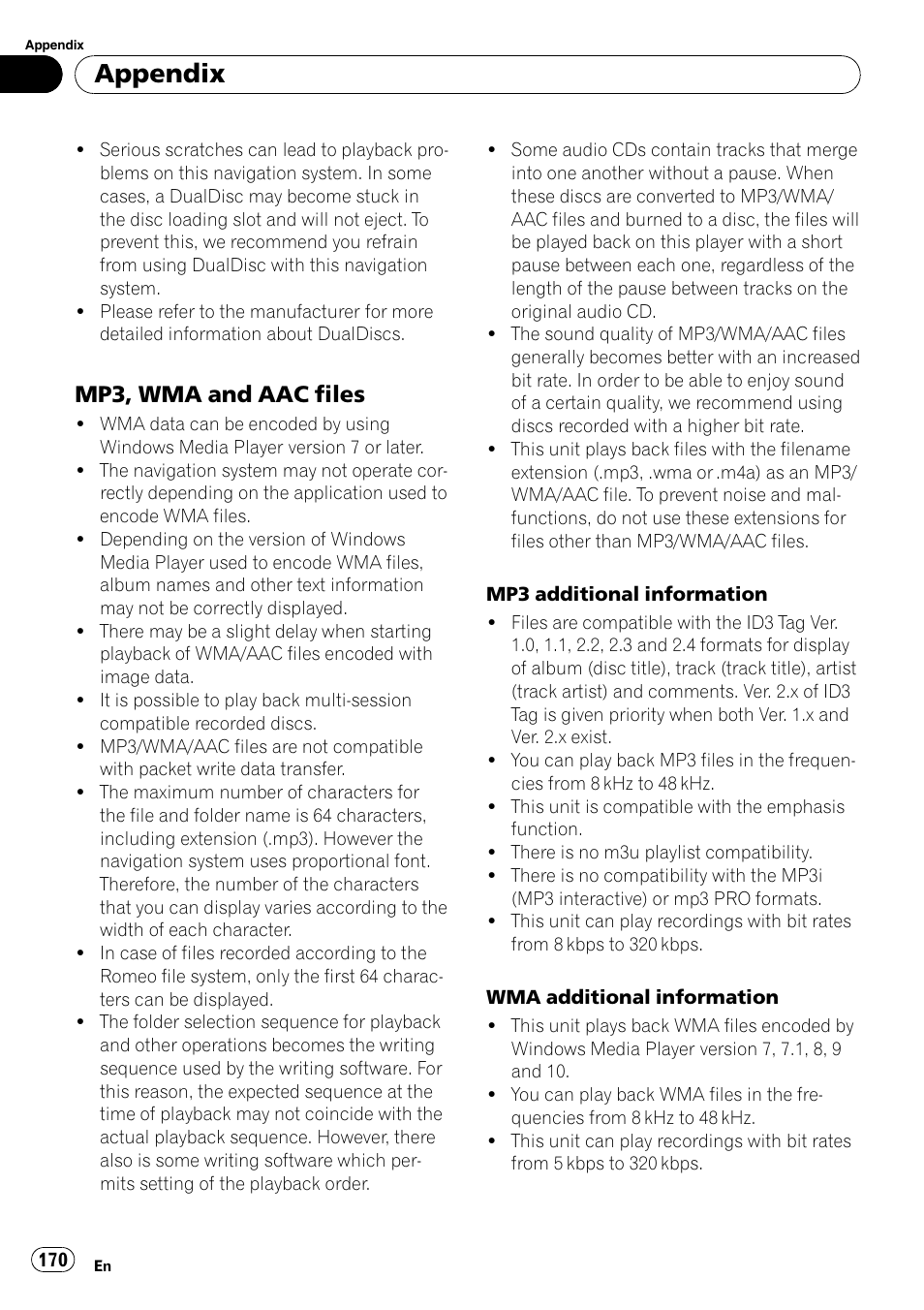 Mp3, wma and aac files 170, Appendix, Mp3, wma and aac files | Pioneer SUPERTUNERD AVIC-N5 User Manual | Page 170 / 188