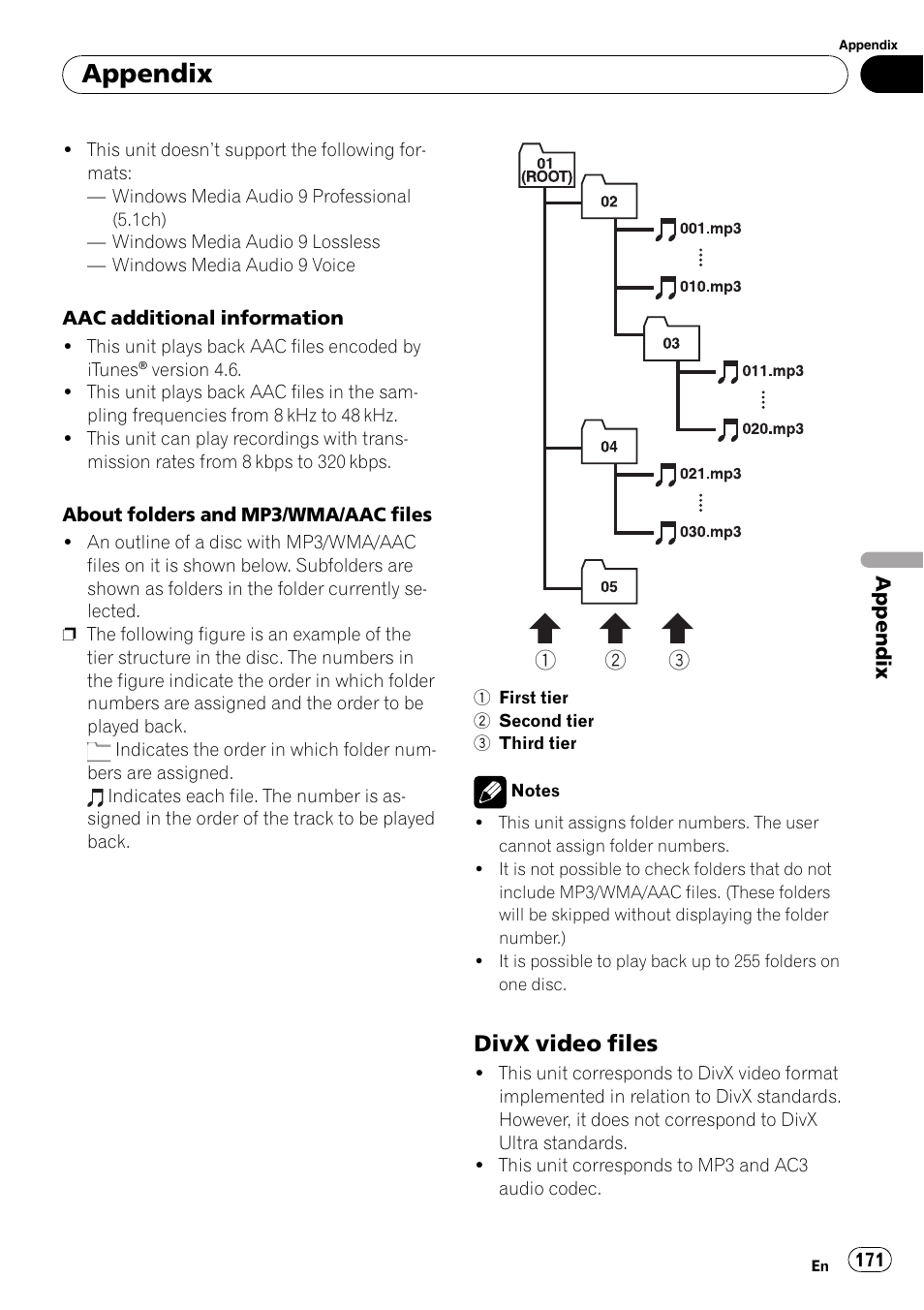 Divx video files 171, Appendix, Divx video files | Pioneer SUPERTUNERD AVIC-N5 User Manual | Page 171 / 188