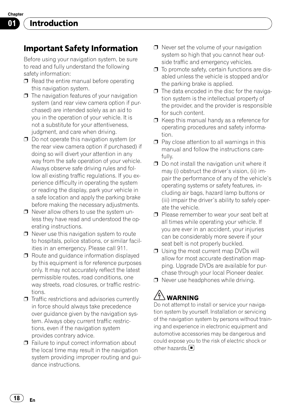 Important safety information, Introduction | Pioneer SUPERTUNERD AVIC-N5 User Manual | Page 18 / 188