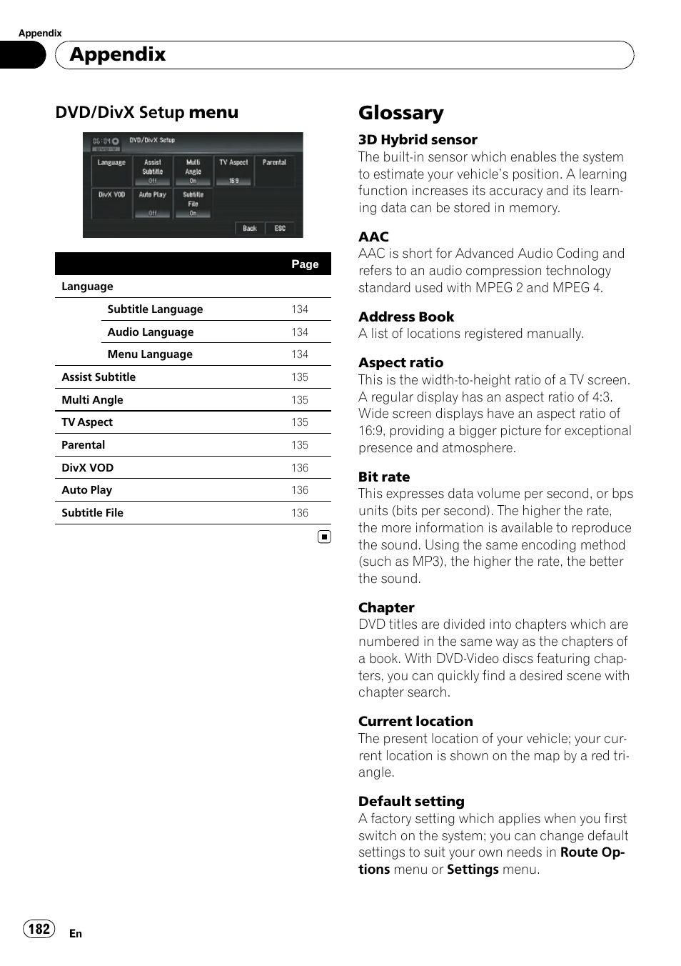 Dvd/divx setup menu 182, Glossary, Appendix | Dvd/divx setup menu | Pioneer SUPERTUNERD AVIC-N5 User Manual | Page 182 / 188