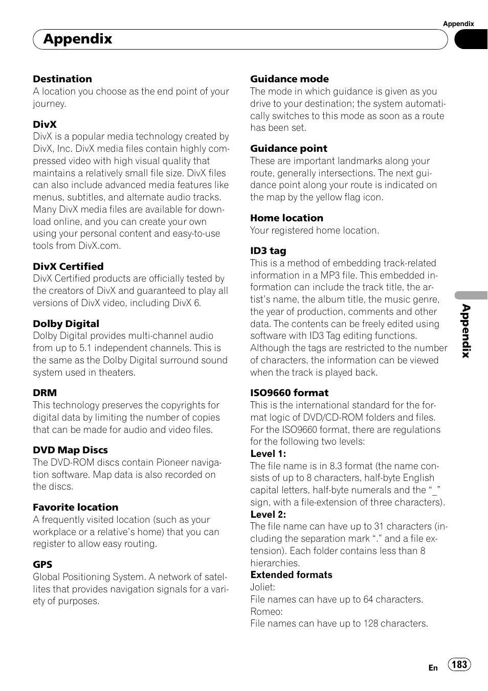 Appendix | Pioneer SUPERTUNERD AVIC-N5 User Manual | Page 183 / 188